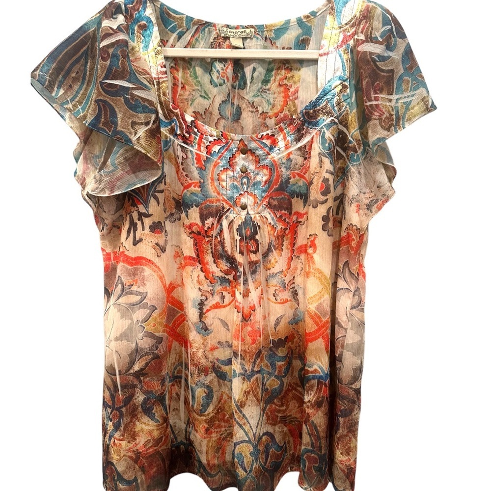 Energie Boho Y2K  Ruffled Babydoll Blouse  Sz Large Colorful Flowy Feminine Fall